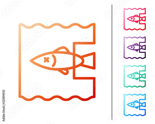 Red line Stop ocean plastic pollution icon isolated on white background. Environment protection concept. Fish say no to plastic. Set color icons. Vector Illustration
