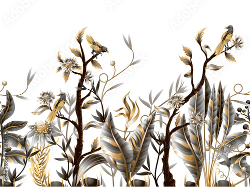 Seamless border with golden and metallic leaves, flowers and birds. Vector.