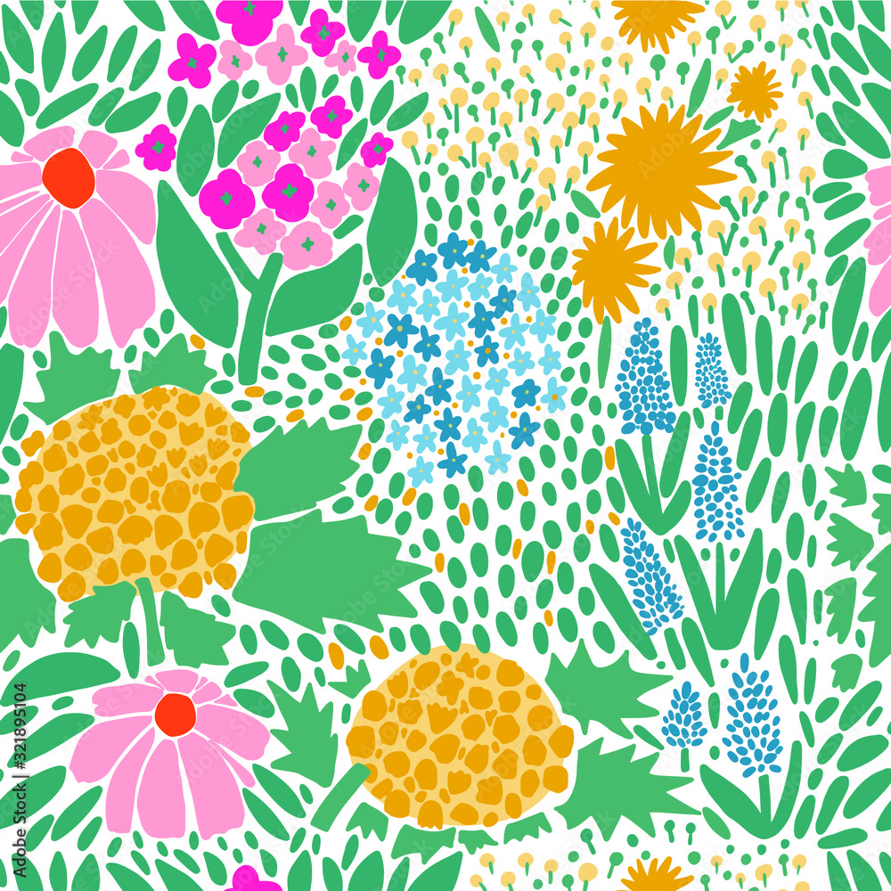 Seamless pattern with flowers and grass. Bright vector illustration. Seamless pattern with flowers and grass. Bright vector illustration.