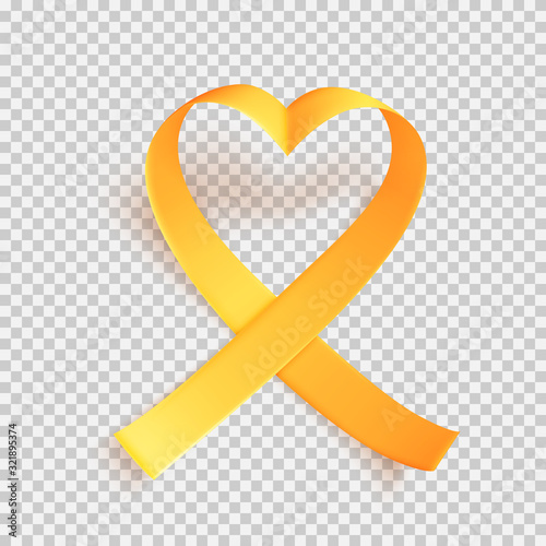 Realistic gold ribbon heart shaped. World childhood cancer symbol 15th of february, vector illustration. Template for poster for cancer awareness month in september.