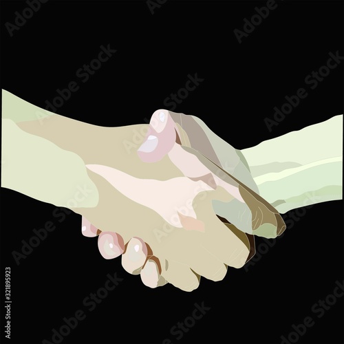 shaking two realistic hands on isolated black background, holding hands