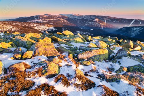 Vysoke kolo/Wielki Szyszak - 1509 m mountain peak in winter Krkonose mountains during sunset light. Czech-Polish border photo