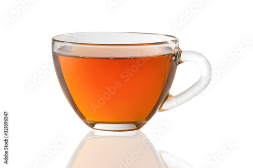 Glass cup of black tea isolated on a white background.