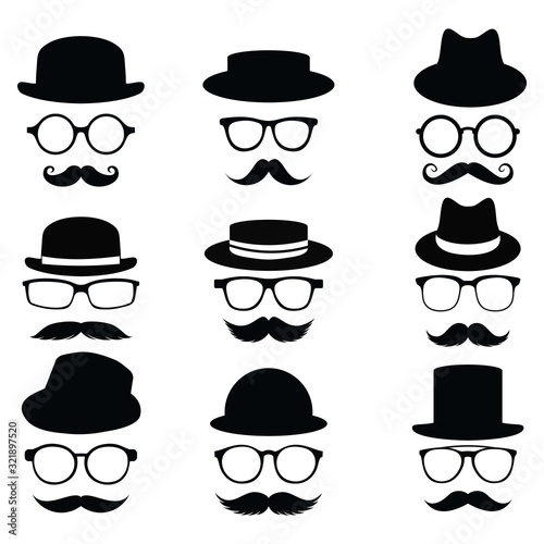 Mustache and Glasses with hat icon set. vector Illustration	