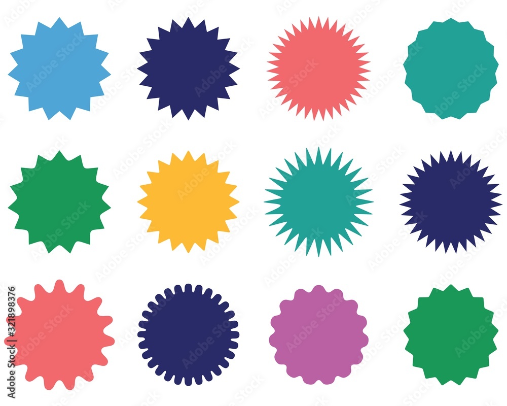 Set of starburst badges icon. Sunburst stickers for price, promo, quality mark, sale tags. price tag, on white background, vector Illustration Set of starburst badges icon. Sunburst stickers for price, promo, quality mark, sale tags. price tag, on white background, vector Illustration