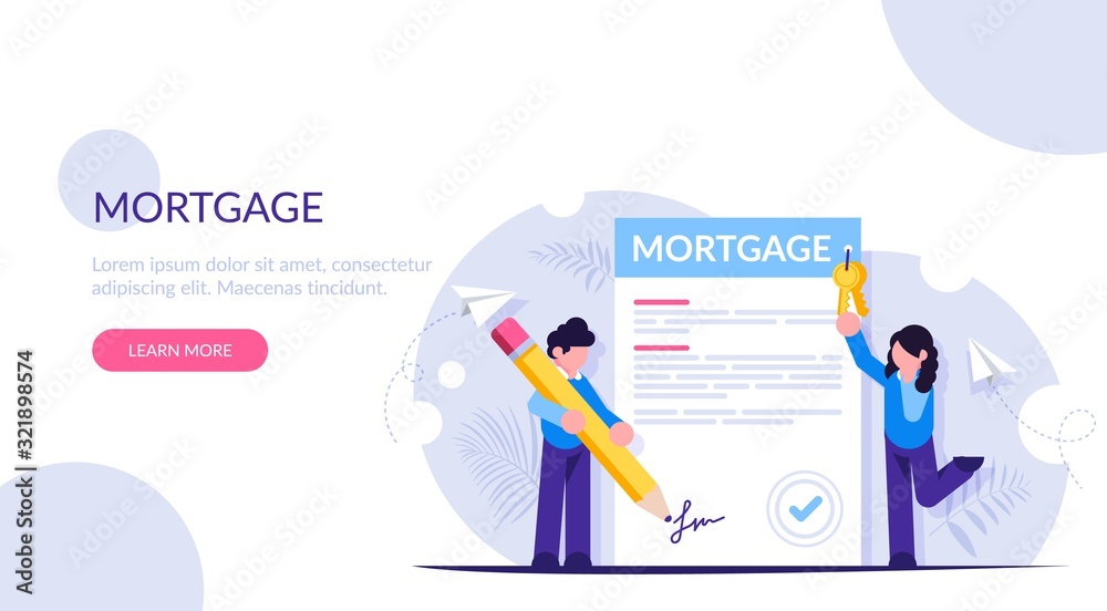 Mortgage loan aplication form concept. Man and a woman sign a paper document. Buying a new home on credit or installments. Modern flat illustration.