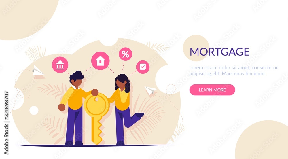 Happy family stands with the key to their new home or apartment. Concept of a mortgage loan for the banking sector. Modern flat illustration.