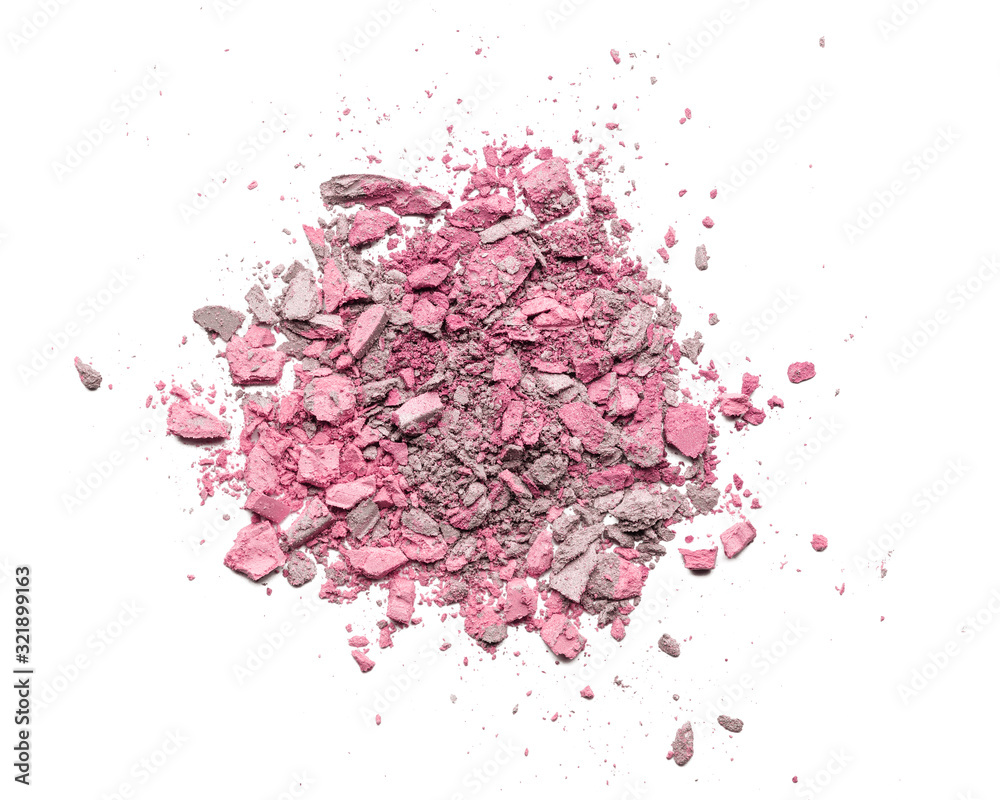 Broken eye shadow isolated on a white background. Makeup cosmetic texture close up. Broken eye shadow isolated on a white background. Makeup cosmetic texture close up.