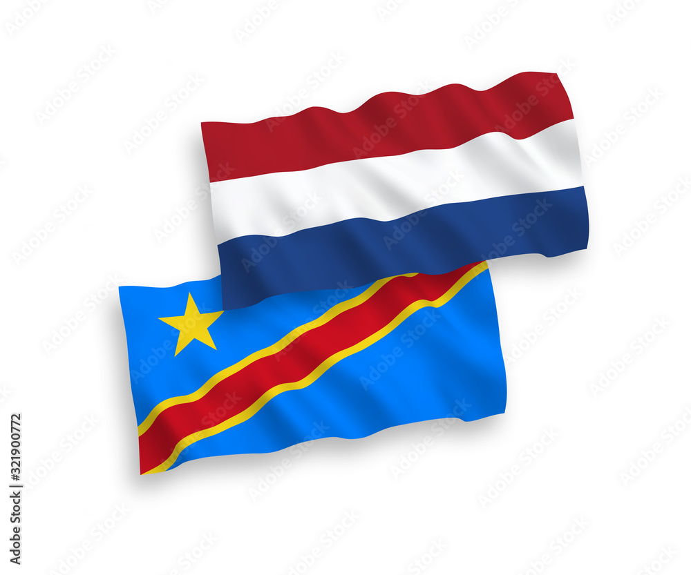 National vector fabric wave flags of Democratic Republic of the Congo and Netherlands isolated on white background. 1 to 2 proportion.
