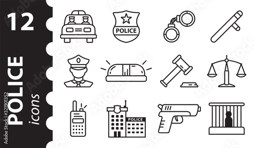 Police icons in modern flat style. A set of vector linear symbols.