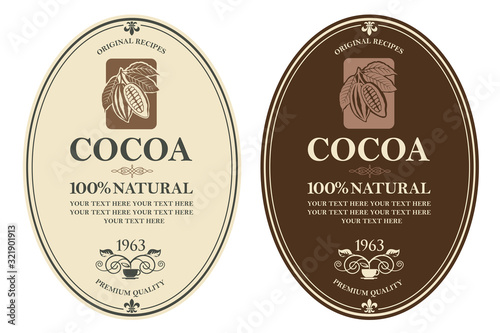 collection of labels with cocoa beans, branch and leaves