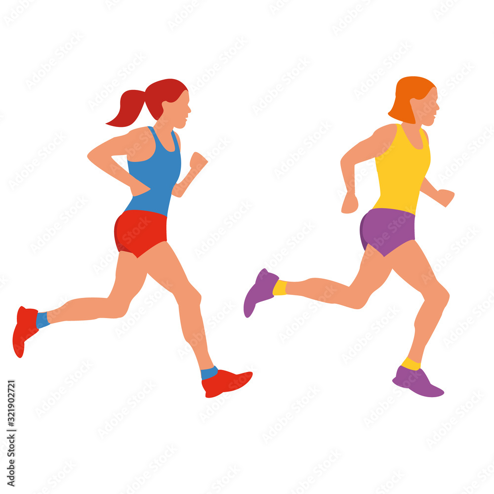 Running women. Beautiful girls in excellent sport shape runs. Cartoon realistic illustration. Flat sportive people. Concept sports lifestyle, training. Fitness. Illustration on white background