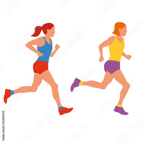 Running women. Beautiful girls in excellent sport shape runs. Cartoon realistic illustration. Flat sportive people. Concept sports lifestyle, training. Fitness. Vector illustration on white background