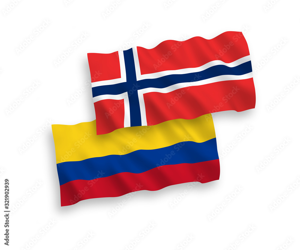 National vector fabric wave flags of Norway and Colombia isolated on white background. 1 to 2 proportion.