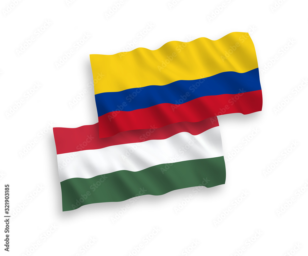 Naklejka premium National vector fabric wave flags of Colombia and Hungary isolated on white background. 1 to 2 proportion.