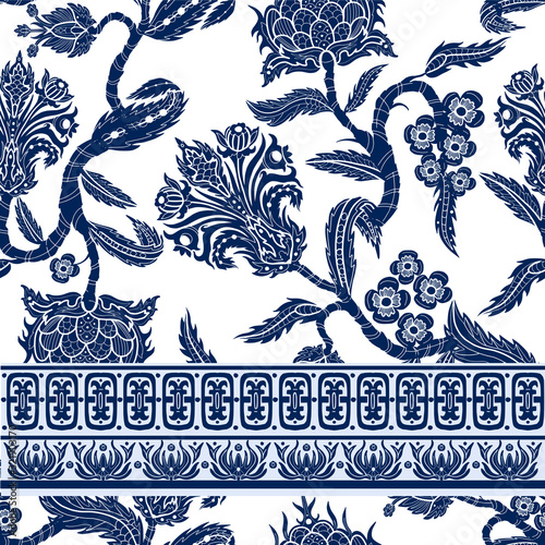 Seamless pattern with branches flowers in chinoiserie style. Japanese blue ceramic print.