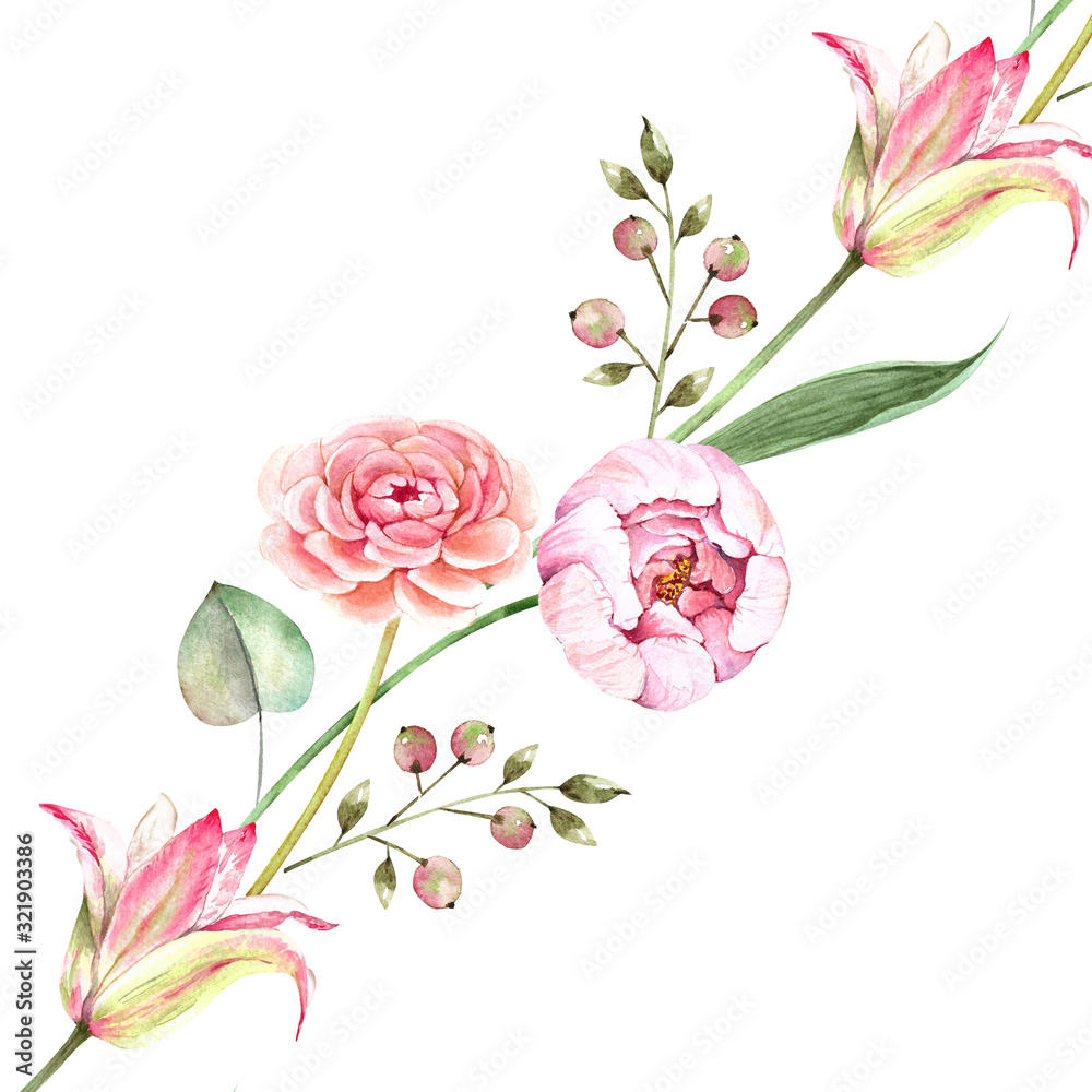 seamless border of delicate flowers of roses and tulips, watercolor illustration on white background .for design of wedding invitations