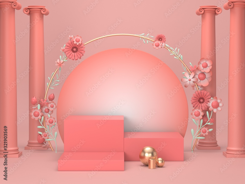 3d render laxury cosmetic stand display.pink poium stand for cosmetic.3d cosmetic background with roman and floral design decorate.