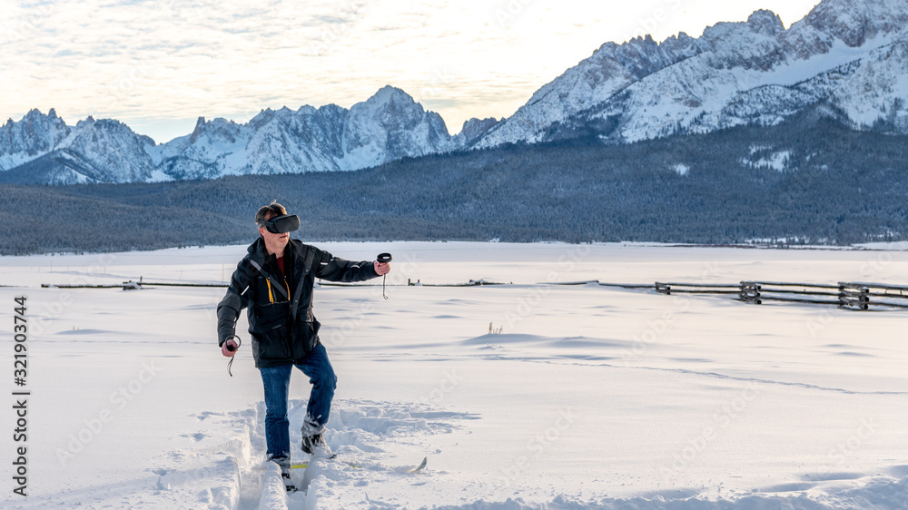 Virtual reality in the wilderness skiing in winter with mountain range