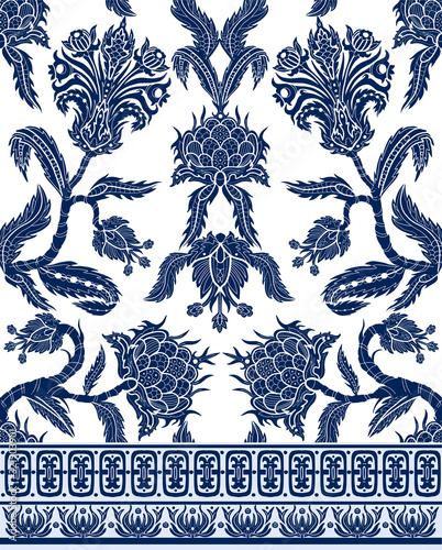 Seamless pattern with branches flowers in chinoiserie style. Japanese blue ceramic print.