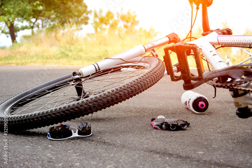 Accident with a bicycle on the road. Wheel closeup.
