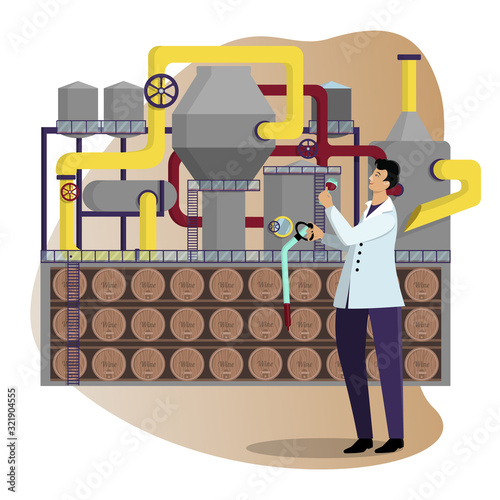Winery. Industrial production of wine. Male winemaker in lab coat takes a sample of wine using pipette
