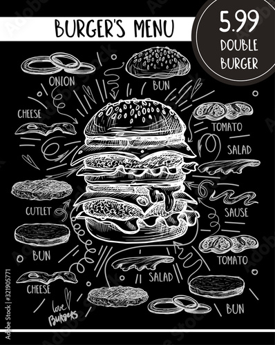 Burger menu with composition of products in graphic style.