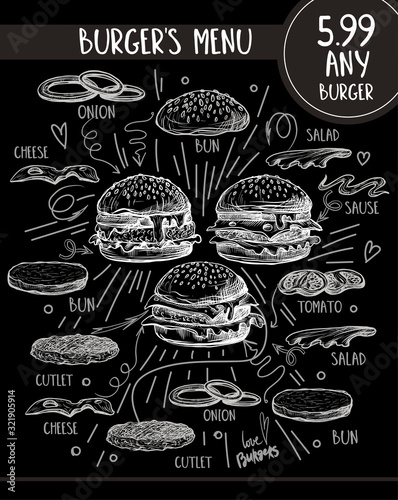 Burger menu with composition of products in graphic style.