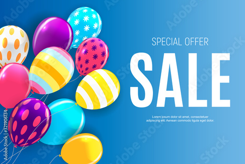 Sale banner with floating balloons. Vector illustration