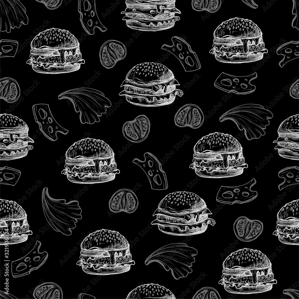 Seamless pattern with burgers in graphic style.