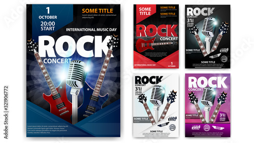 Rock concert, set of poster templates for your creativity. Blue, red, pink, black and white rock posters with guitars and microphones isolated on a white background.