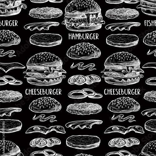 Seamless pattern with burgers in graphic style.