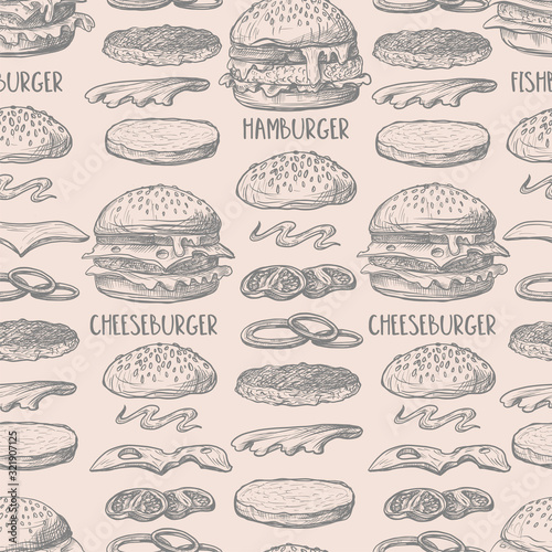 Seamless pattern with burgers in graphic style.
