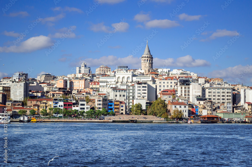 View of the Galata tower from The Golden horn Bay, Istanbul.