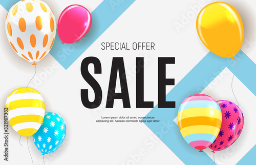 Sale banner with floating balloons. Vector illustration