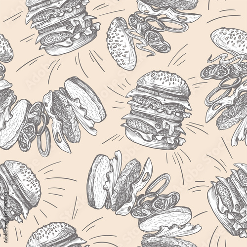 Seamless pattern with burgers in graphic style.