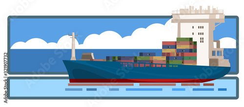 Water logistics. Vector illustration. Ocean, sea, and river transport. Container shipping. Large and small vessels. Loading and unloading at the port. Picture for the booklet, graphic button of site.