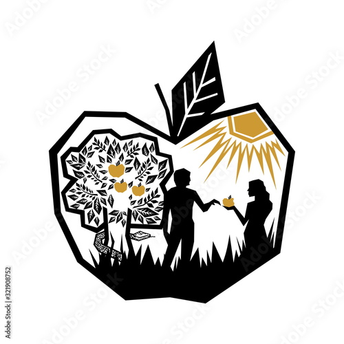 Biblical illustration. Adam and Eve ate the forbidden fruit in the Garden of Eden. The tree of knowledge of good and evil, behind which the serpent hides.