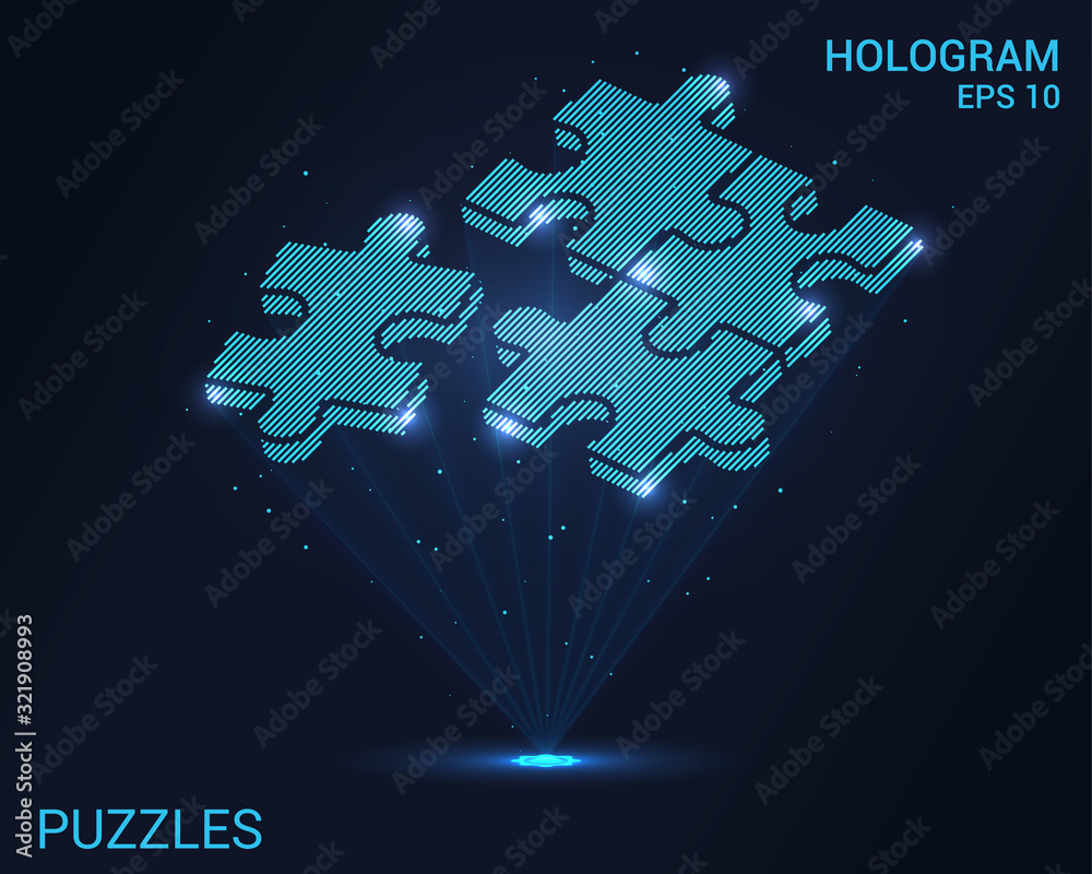 Hologram puzzles. Holographic projection puzzles. Flickering energy flux of  particles. 3D puzzles vector. Stock Vector | Adobe Stock