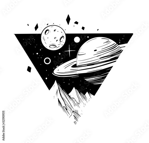 Space landscape.Galaxy scene. Black vector illustration with transparent background. Great for print, tattoo flash