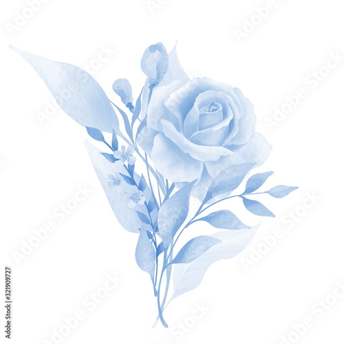 Watercolor flowers and leaves. Monochrome bouquet. Botanic composition for we...