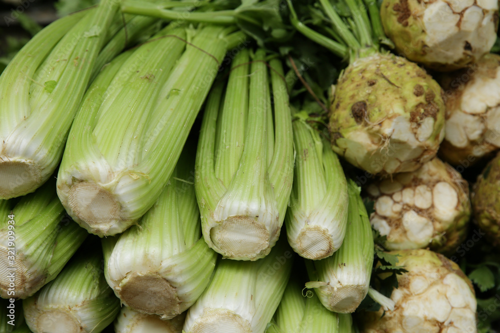 organic celery root tubers and juicy sticks petioles on the market. Food natural background, pattern, banner organic celery root tubers and juicy sticks petioles on the market. Food natural background, pattern, banner