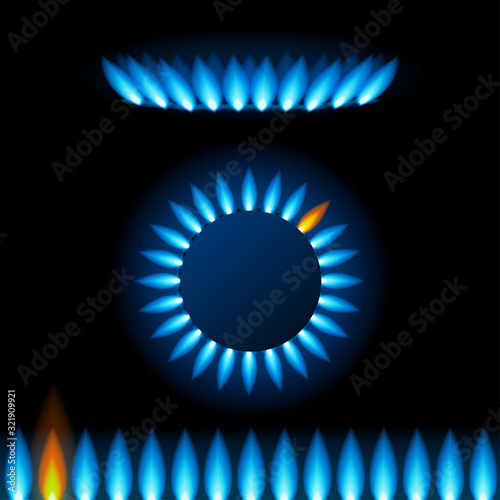 Realistic Detailed 3d Natural Gas Flame Kitchen with Blue Reflections Effect. Vector