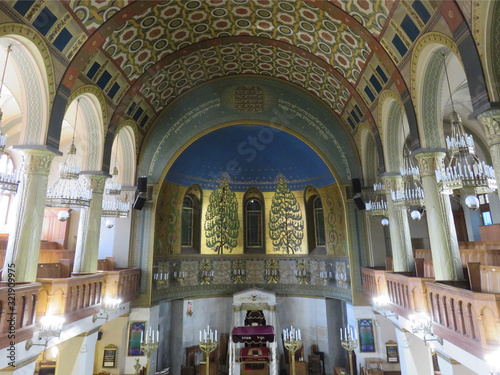 Interior Of The Moscow Choral Synagogue .The dome of the temple, candlesticks, gallery of the second floor. photo