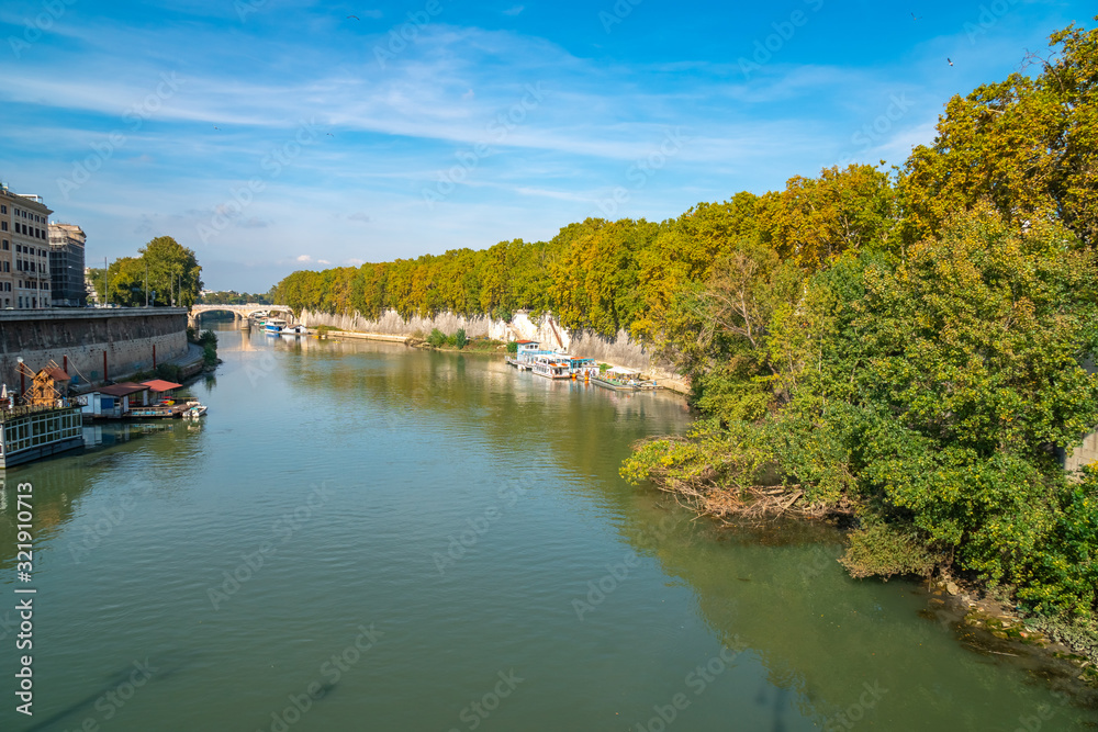 The Tiber River in Rome, autumn time.