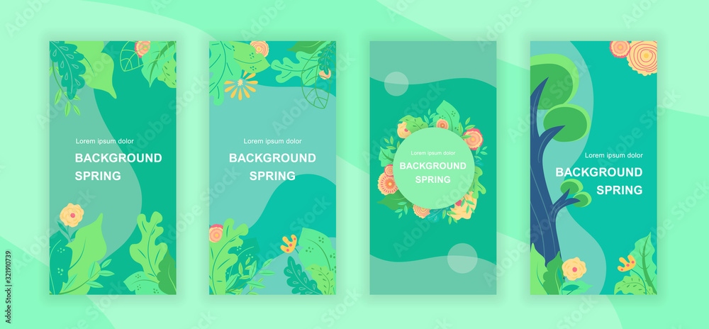 Spring abstract social media stories design templates vector set, backgrounds with copyspace - greenery, landscape - backdrop for vertical banner, poster, greeting card - spring nature concept