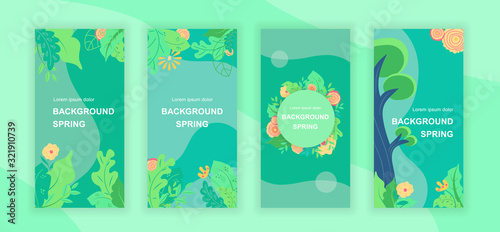 Spring abstract social media stories design templates vector set, backgrounds with copyspace - greenery, landscape - backdrop for vertical banner, poster, greeting card - spring nature concept