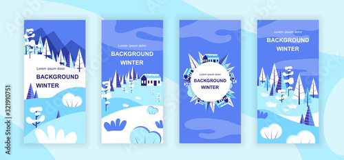 Winter scenery social media stories design templates vector set, backgrounds with copyspace - country landscapes - backdrop for vertical banner, poster, greeting card - snowy weather concept