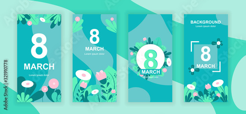 8 March social media stories design templates vector set, backgrounds with copyspace - Womens Day - backdrop for vertical banner, poster, greeting card - spring holiday congratulation concept