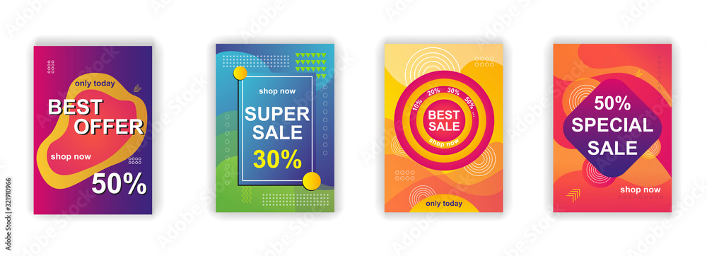 Sale poster social media stories design templates vector set. Promotion flyer, discount voucher, advertising poster. Vector cover sale ads labels and special offer market brochure.